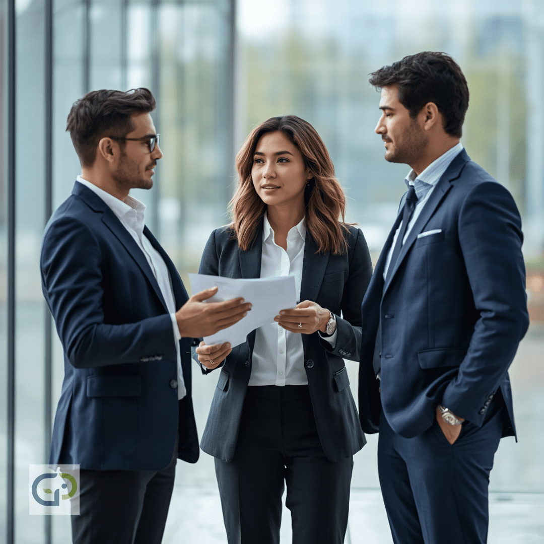 3 professionals talking